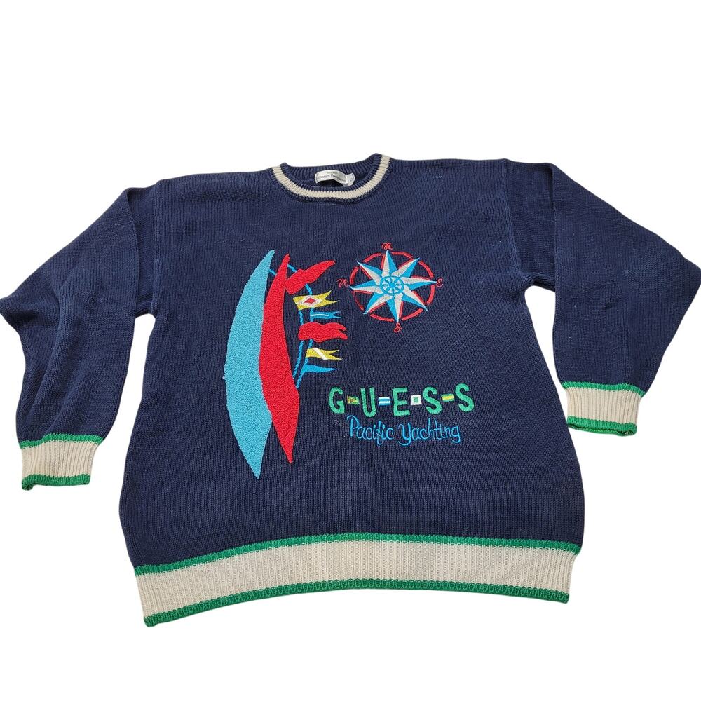 Vintage Guess Pacific Yachting Nautical Compass knit pullover sweater Fisherman